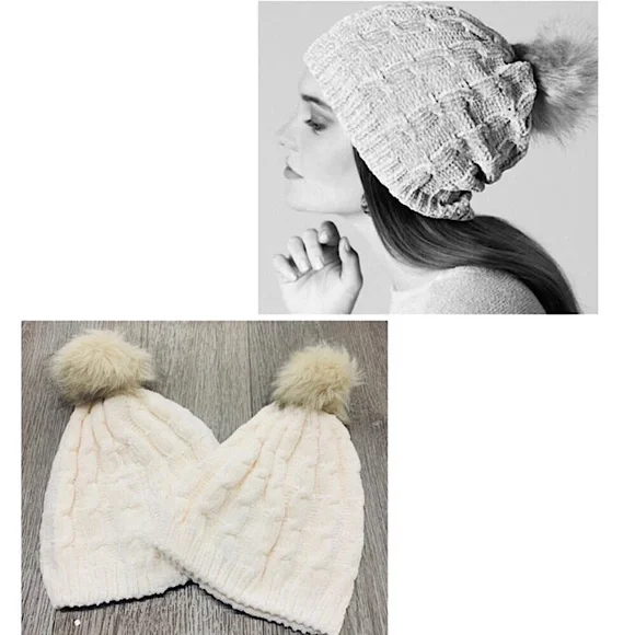 ✨NEW Chenille ULTRA SOFT Cable Knit Pom Pom Beanie Hat in Ivory - Picture 4 of 10